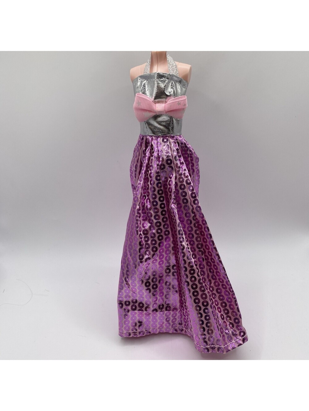 Fits Barbie Clothes: Evening Dress Silver Satin Pink Sequin Pink Bow B7